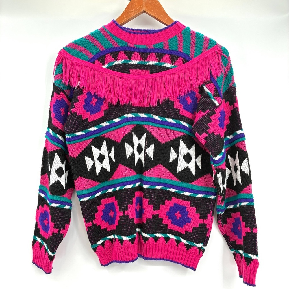 Vintage 70s Grand Knitwear Aztec Southwest Ski Sweater Pink Fringe USA Medium